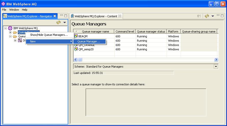 Websphere MQ navigator definition of new queue manager
