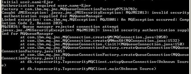 MQ client console authentication error